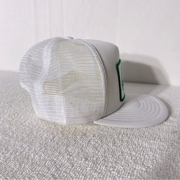 Vintage White Green Embroidered PlastiSpan Mesh Back Snap Back Trucker Hat - Picture 2 of 10